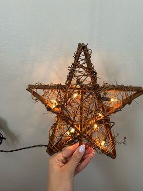 Woven Rattan Star Ornament with Warm LED Lights - Brown